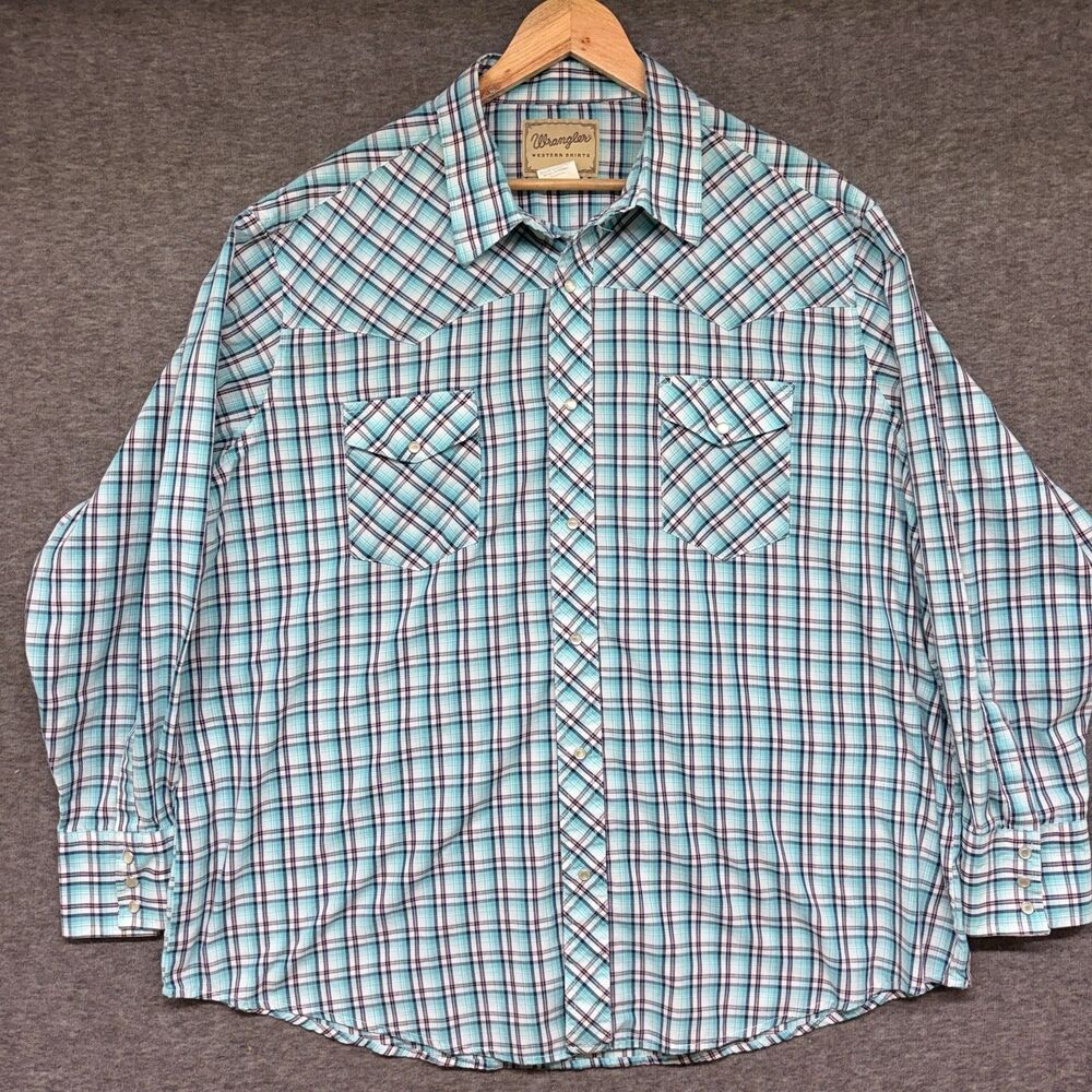 Wrangler Western Shirt Mens Blue Plaid Pearl Snap Long Sleeve Size 2XL